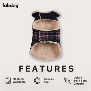 fabdog Dog Jacket - Soft & Durable Wool Shearling Coat -Black plaid